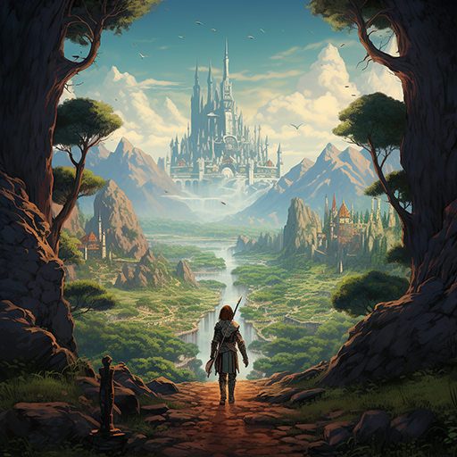 A vast fantasy kingdom beyond a forest path