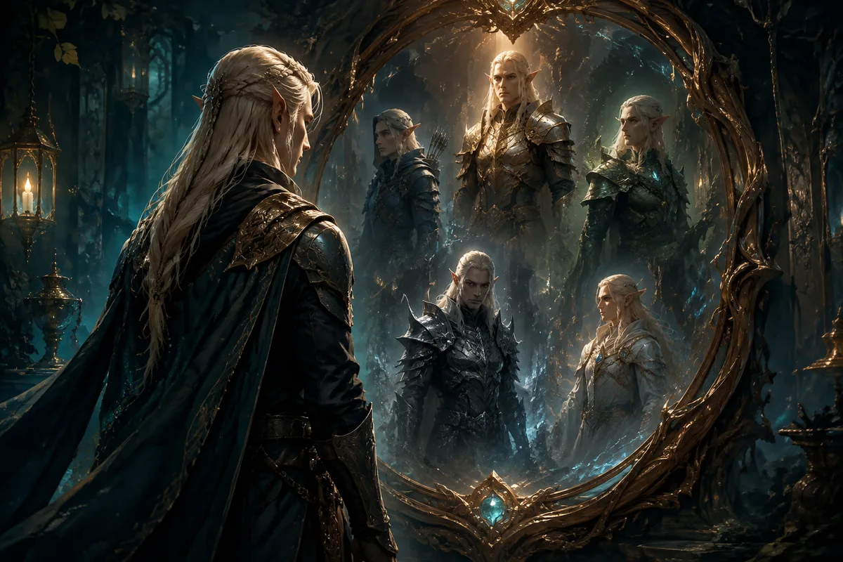 an elven hero before a magical mirror revealing alternate armor and appearances