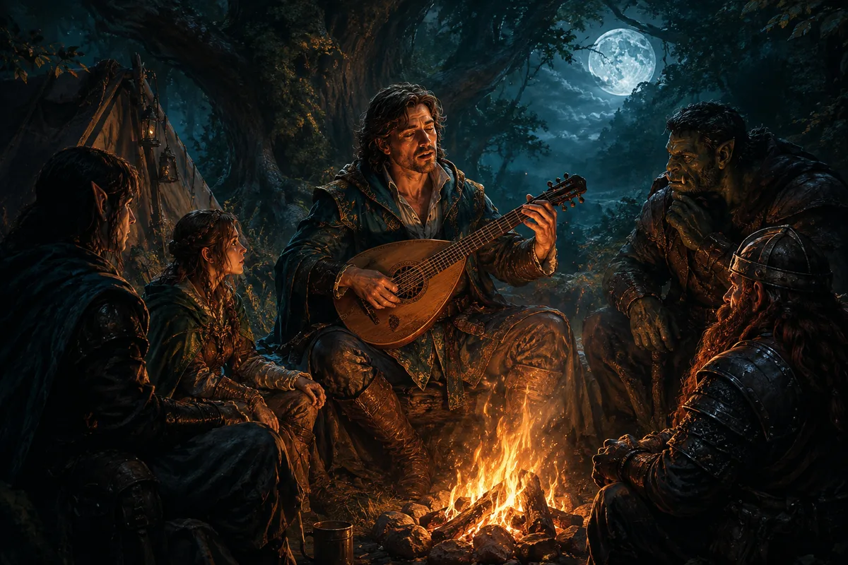 a bard narrating a tale with a lute in a moonlit forest camp