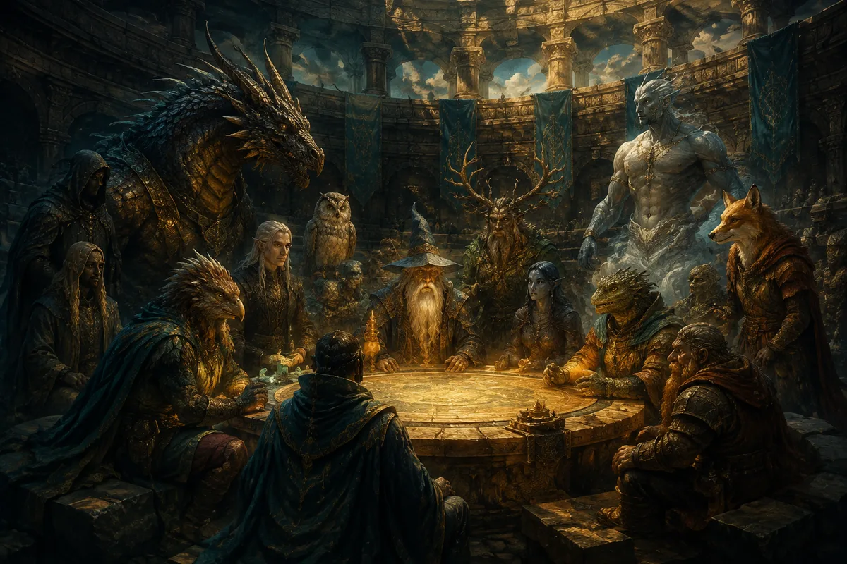 a varied gathering of fantastical creatures in an ancient arena, atmospheric no violence