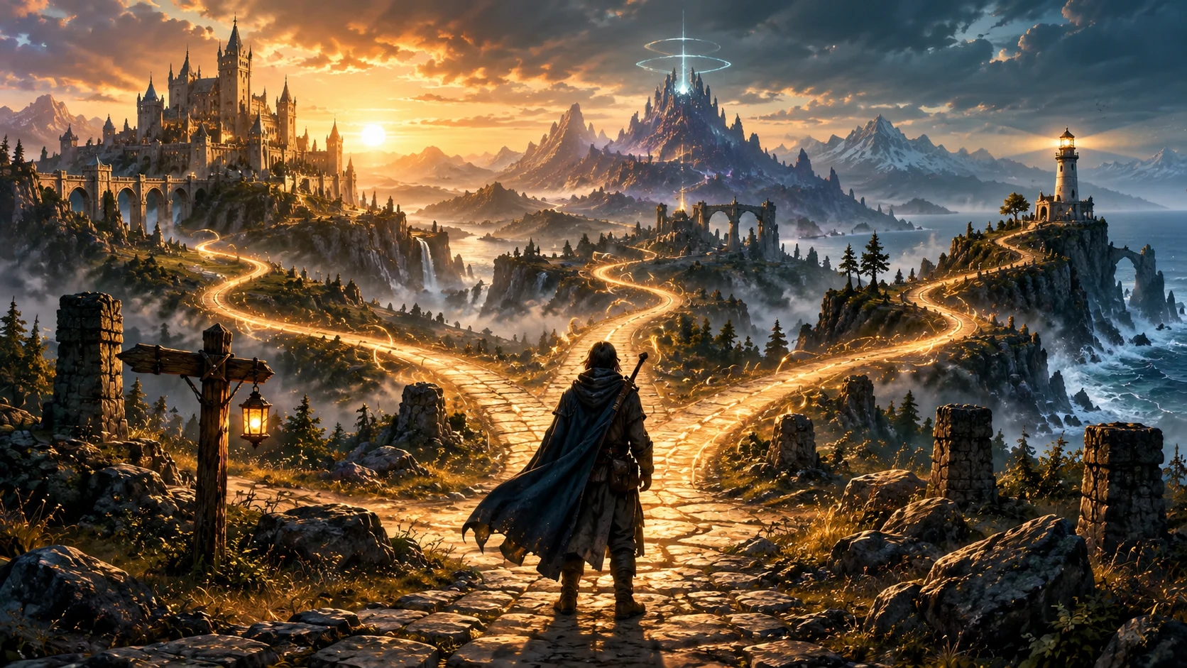 a lone adventurer standing at a glowing crossroads between a castle, an enchanted mountain citadel, and a lighthouse