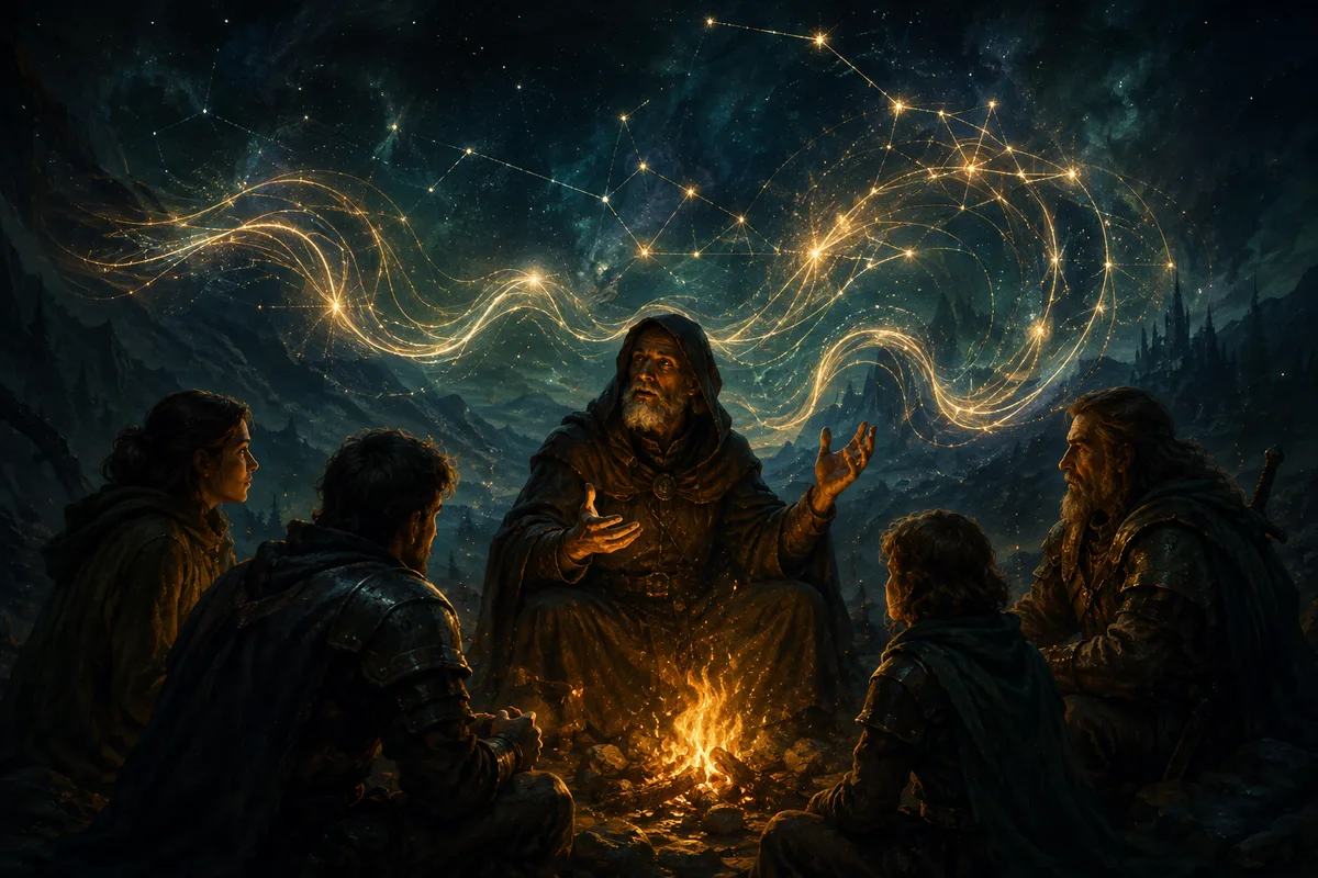 a hooded storyteller speaking beside a campfire, luminous abstract sound waves weave into constellations