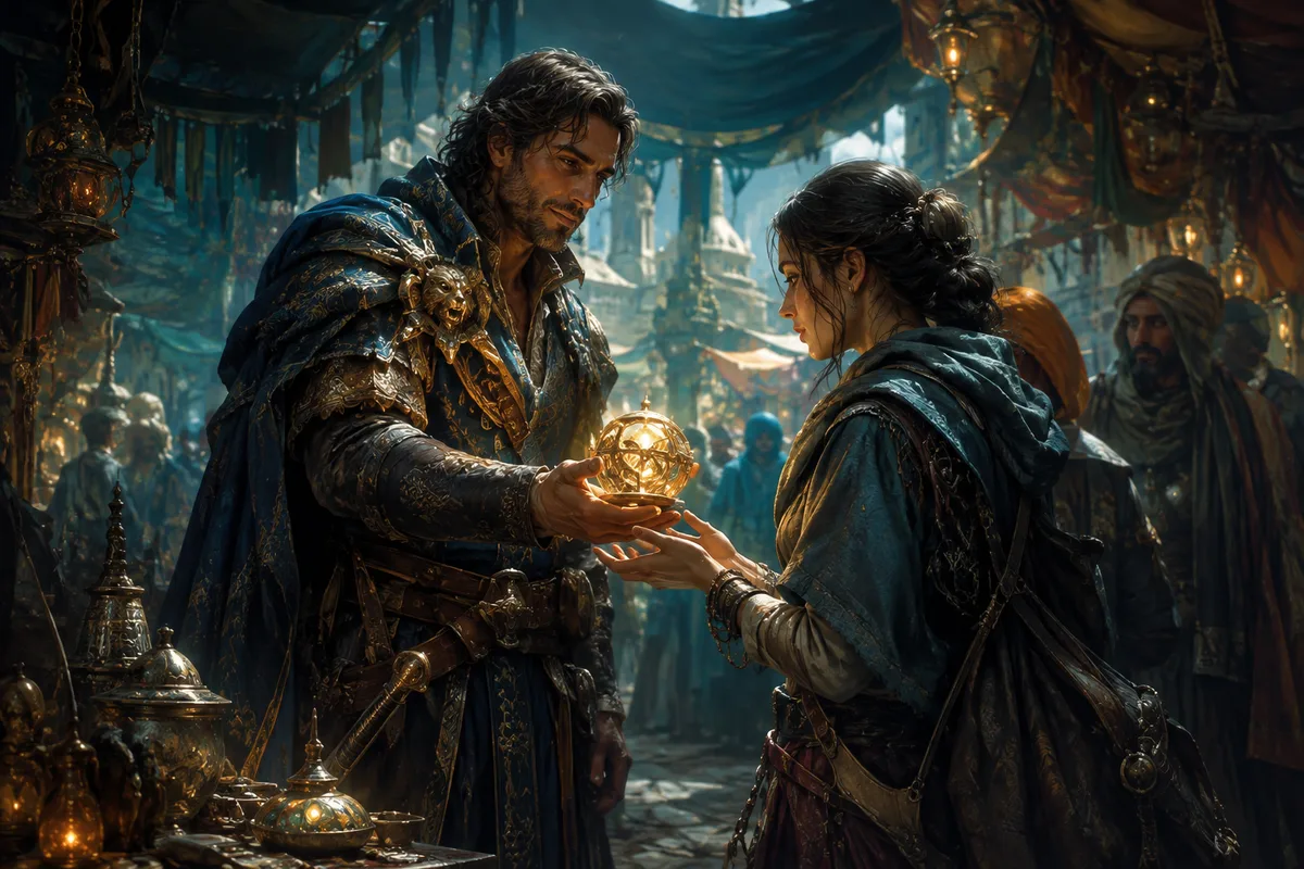 a returning champion handing a glowing artifact to a companion in a medieval market