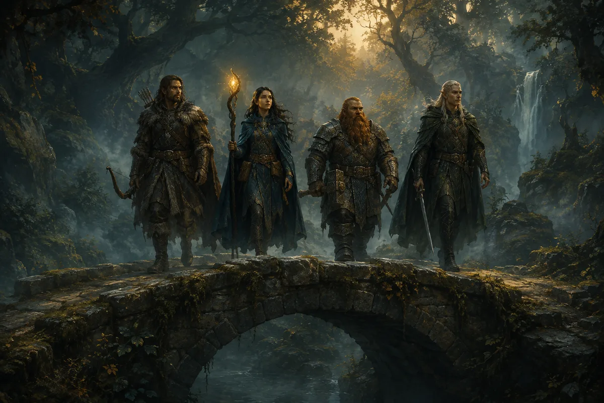 a party of four adventurers crossing a misty woodland bridge side by side
