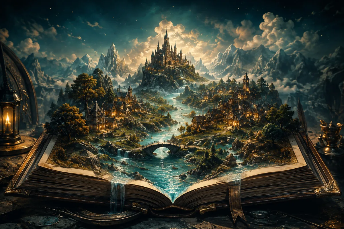 an enormous open book with a winding river and village rising from its pages
