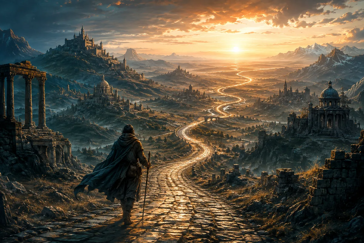 a traveler following a very long winding road past many ancient kingdoms toward sunrise