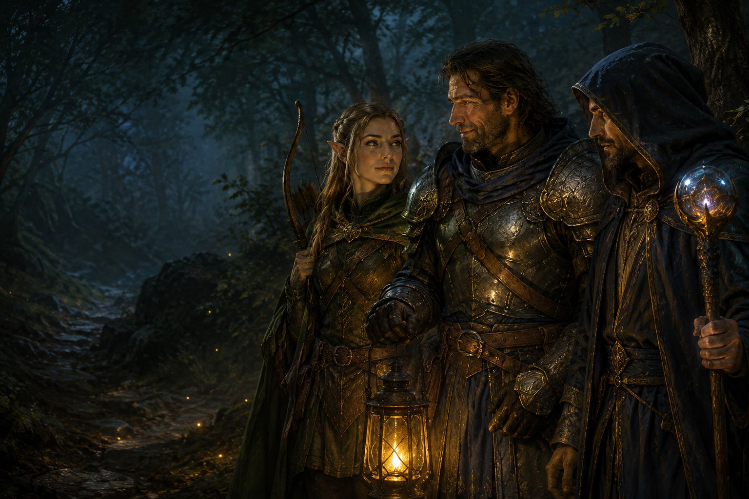 An elven ranger, knight, and mage gather on a lantern-lit forest trail