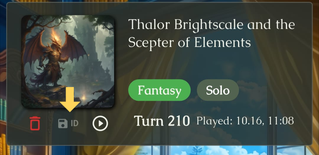 Saved adventure card with an arrow pointing to the ID control beside the save icon