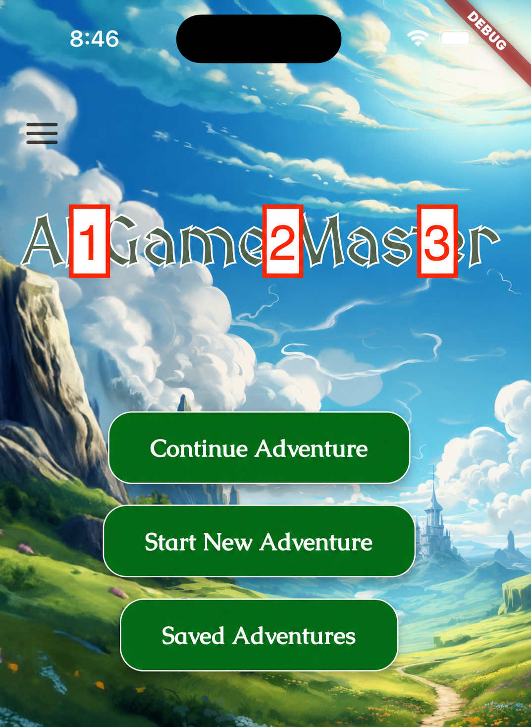 AI Game Master main screen, with numbered markers showing three taps across the game title