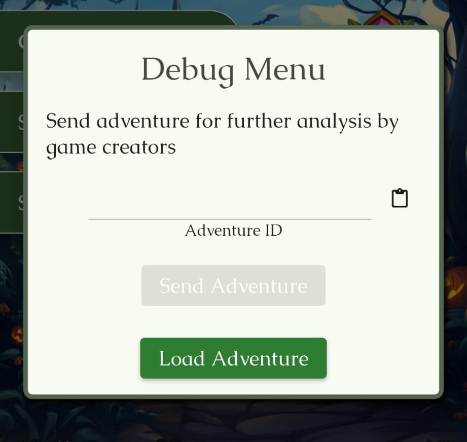 Debug Menu with an Adventure ID field and Send Adventure button